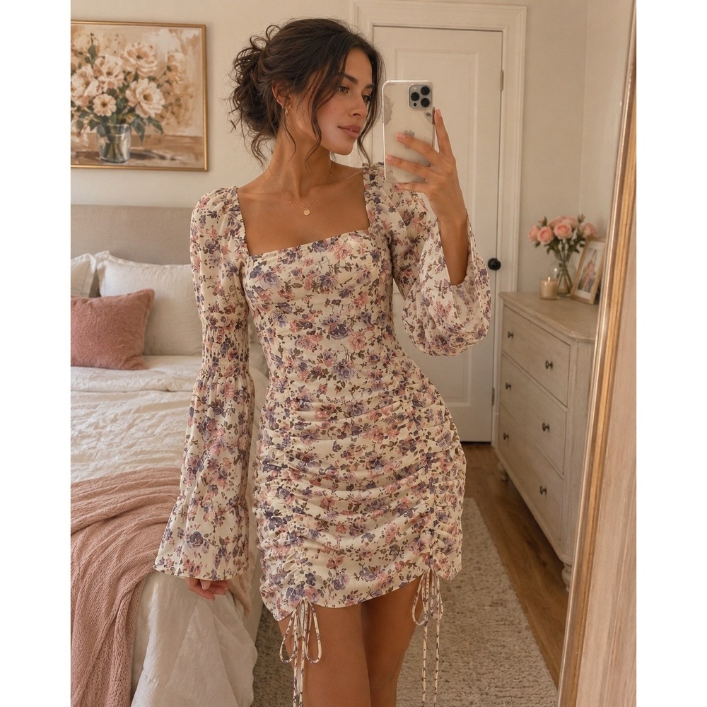 ACOA Floral Ruched Mini Dress Cream Purple Bell Sleeve Smocked Back Coquette S